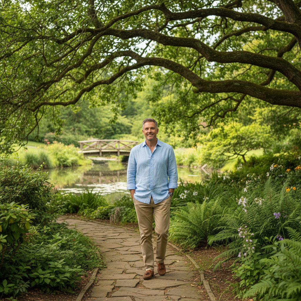 Pria dewasa berjalan santai di taman yang hijau dan tenang