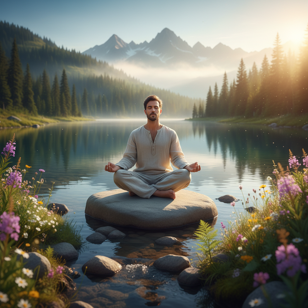 Pria bermeditasi di tengah alam terbuka yang tenang